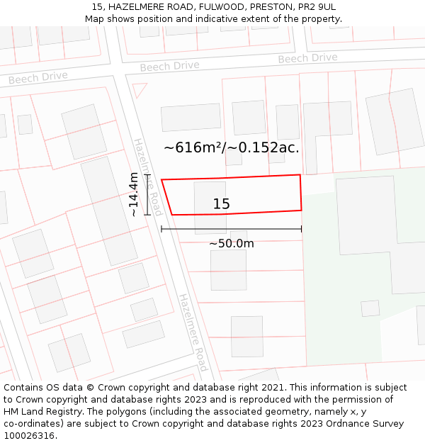 15, HAZELMERE ROAD, FULWOOD, PRESTON, PR2 9UL: Plot and title map