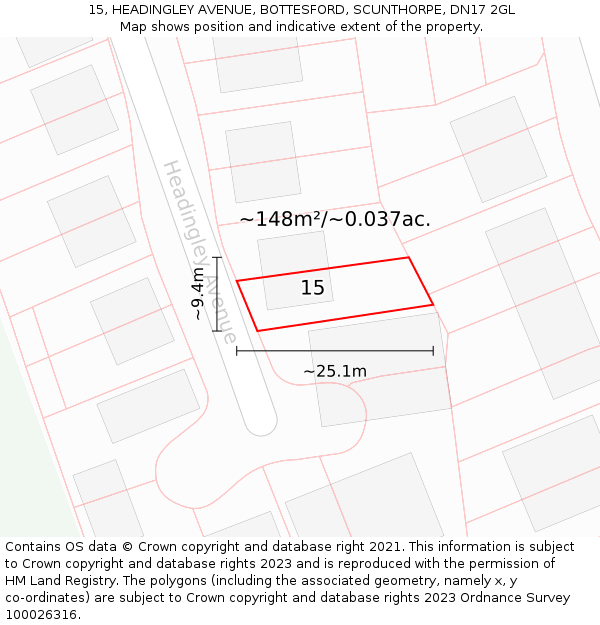 15, HEADINGLEY AVENUE, BOTTESFORD, SCUNTHORPE, DN17 2GL: Plot and title map