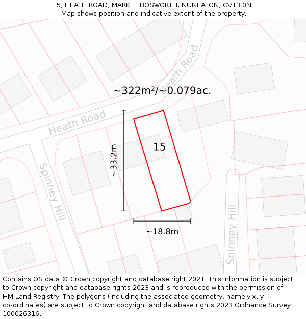 15, HEATH ROAD, MARKET BOSWORTH, NUNEATON, CV13 0NT: Plot and title map