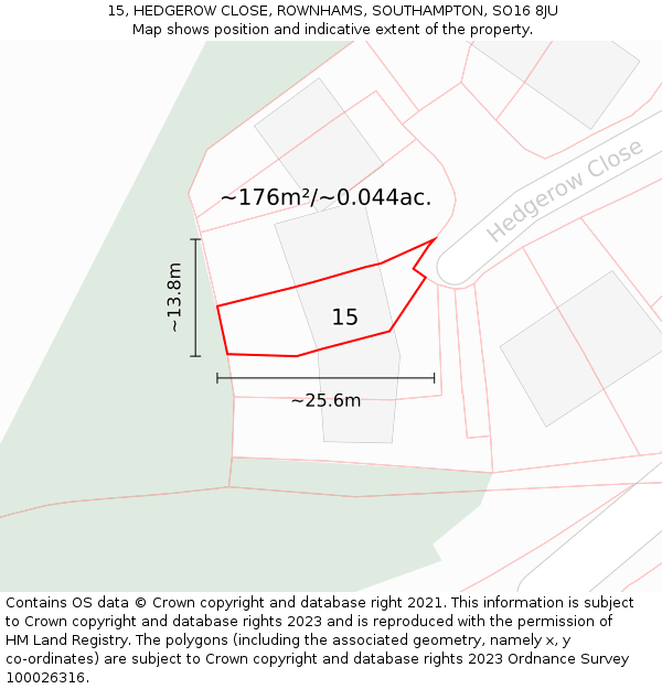 15, HEDGEROW CLOSE, ROWNHAMS, SOUTHAMPTON, SO16 8JU: Plot and title map