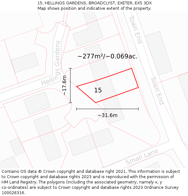 15, HELLINGS GARDENS, BROADCLYST, EXETER, EX5 3DX: Plot and title map