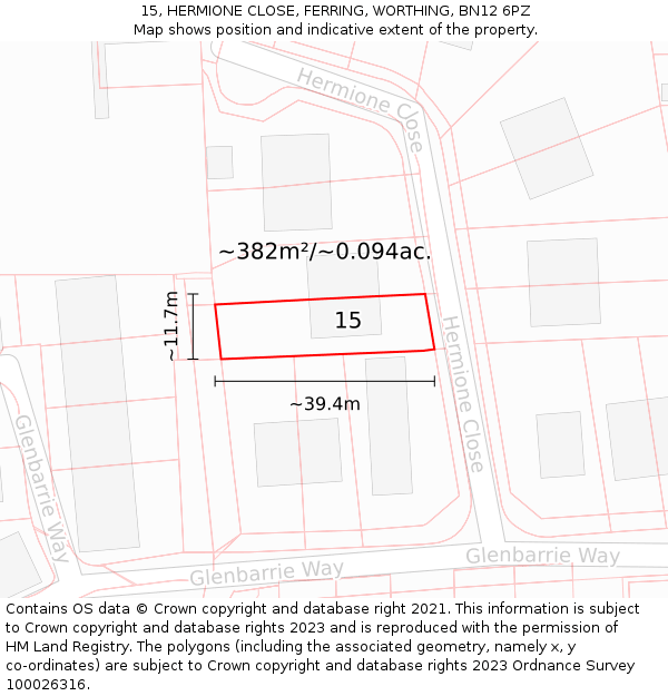 15, HERMIONE CLOSE, FERRING, WORTHING, BN12 6PZ: Plot and title map