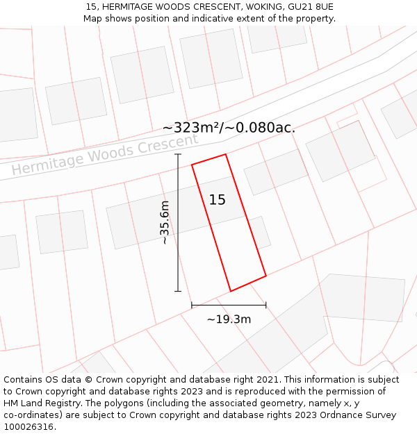 15, HERMITAGE WOODS CRESCENT, WOKING, GU21 8UE: Plot and title map