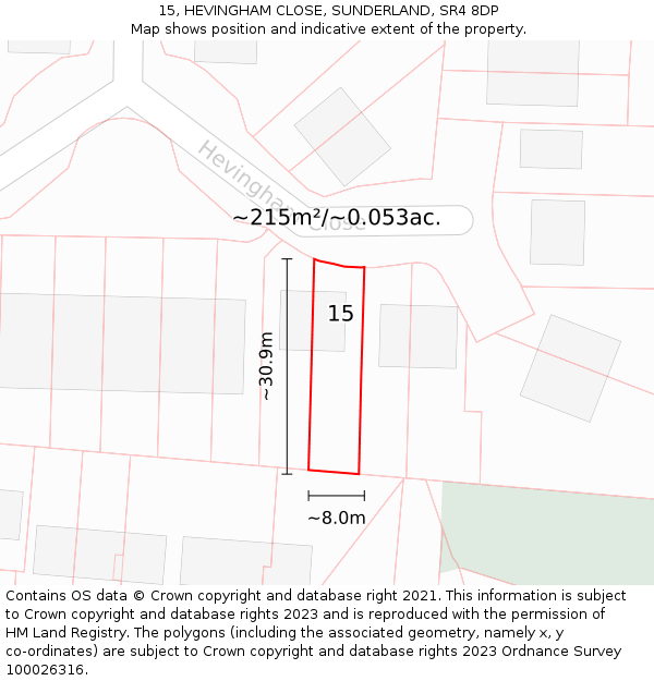 15, HEVINGHAM CLOSE, SUNDERLAND, SR4 8DP: Plot and title map