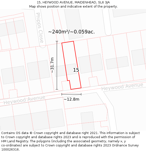 15, HEYWOOD AVENUE, MAIDENHEAD, SL6 3JA: Plot and title map