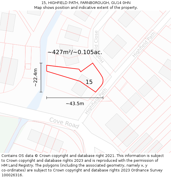 15, HIGHFIELD PATH, FARNBOROUGH, GU14 0HN: Plot and title map