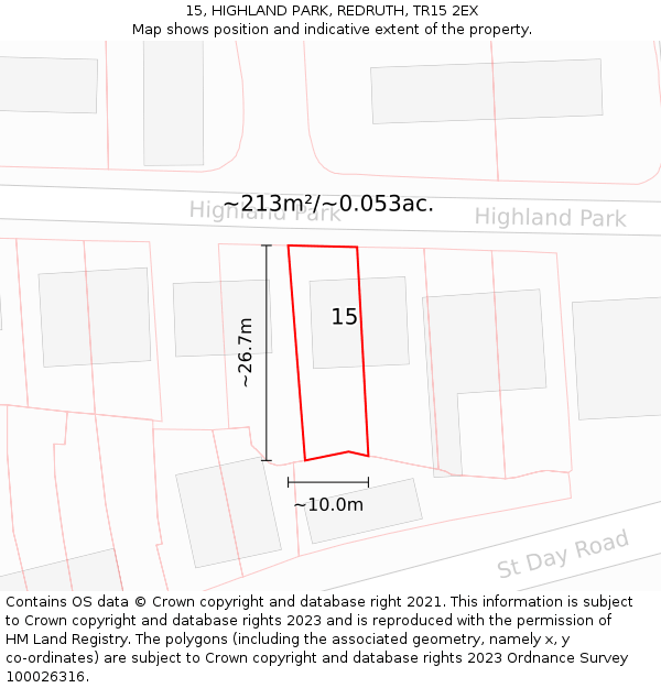 15, HIGHLAND PARK, REDRUTH, TR15 2EX: Plot and title map