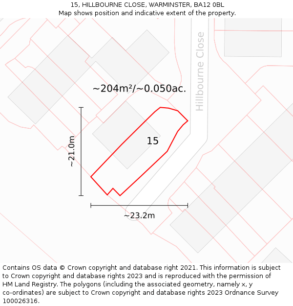 15, HILLBOURNE CLOSE, WARMINSTER, BA12 0BL: Plot and title map