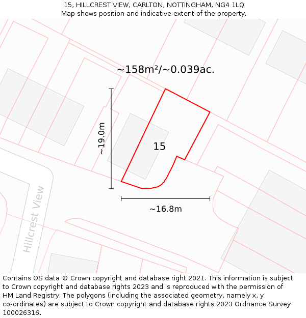 15, HILLCREST VIEW, CARLTON, NOTTINGHAM, NG4 1LQ: Plot and title map