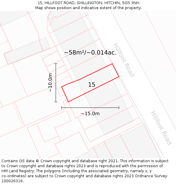 15, HILLFOOT ROAD, SHILLINGTON, HITCHIN, SG5 3NH: Plot and title map