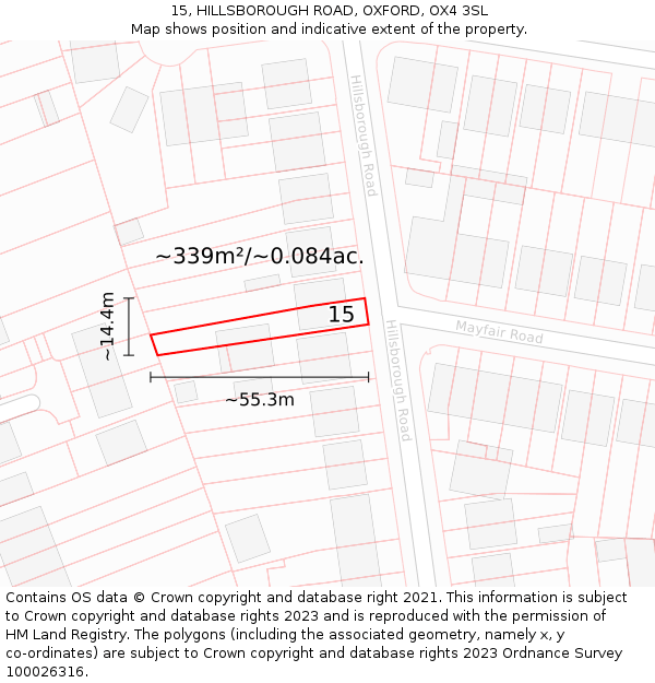 15, HILLSBOROUGH ROAD, OXFORD, OX4 3SL: Plot and title map