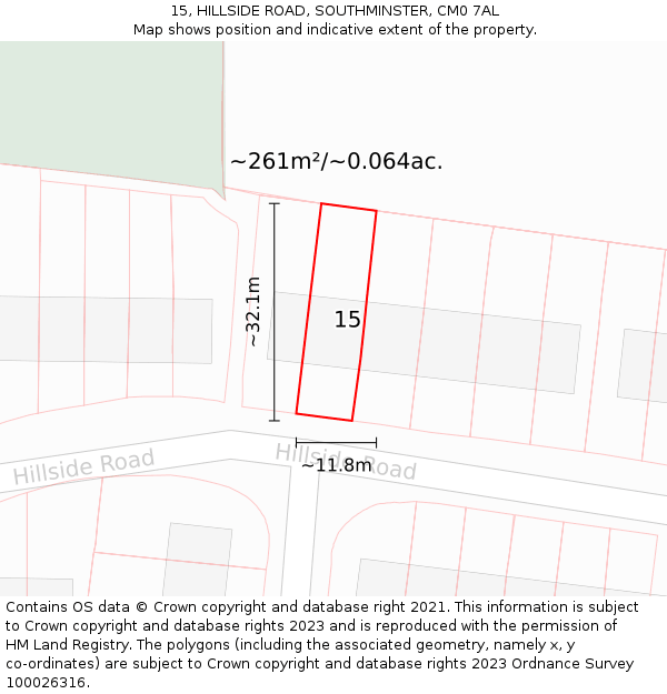 15, HILLSIDE ROAD, SOUTHMINSTER, CM0 7AL: Plot and title map