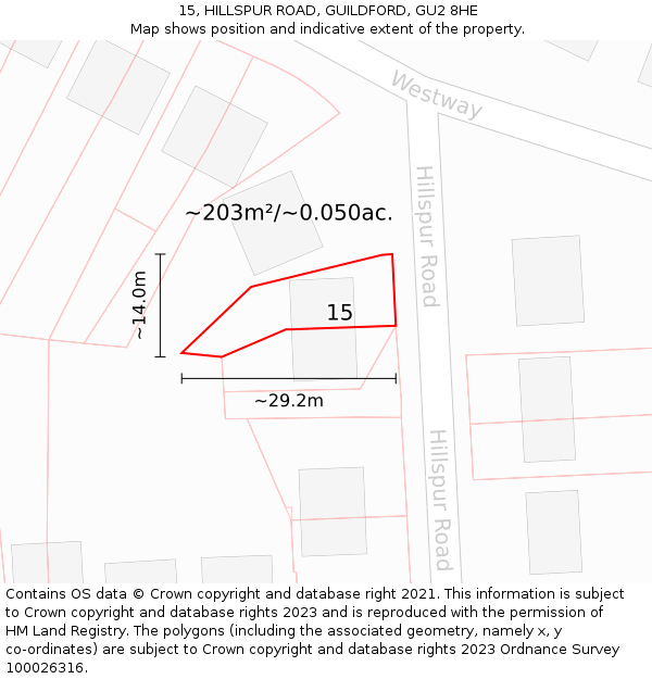 15, HILLSPUR ROAD, GUILDFORD, GU2 8HE: Plot and title map