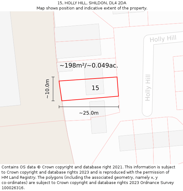 15, HOLLY HILL, SHILDON, DL4 2DA: Plot and title map