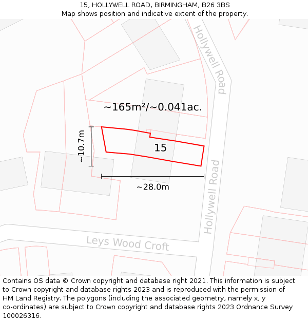 15, HOLLYWELL ROAD, BIRMINGHAM, B26 3BS: Plot and title map