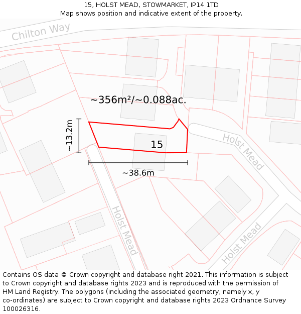 15, HOLST MEAD, STOWMARKET, IP14 1TD: Plot and title map