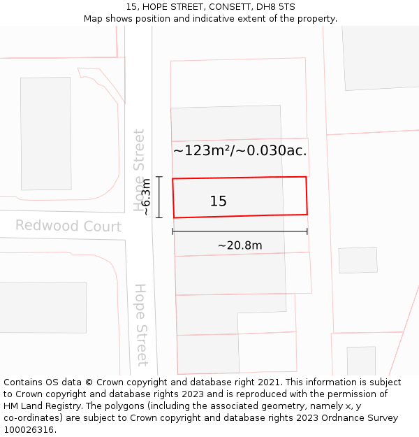 15, HOPE STREET, CONSETT, DH8 5TS: Plot and title map