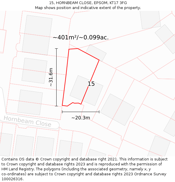 15, HORNBEAM CLOSE, EPSOM, KT17 3FG: Plot and title map