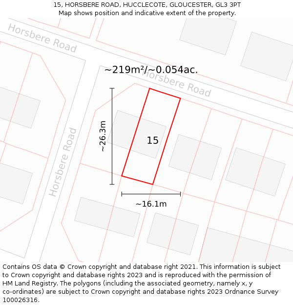 15, HORSBERE ROAD, HUCCLECOTE, GLOUCESTER, GL3 3PT: Plot and title map