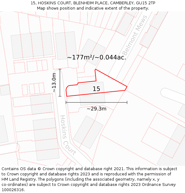 15, HOSKINS COURT, BLENHEIM PLACE, CAMBERLEY, GU15 2TP: Plot and title map