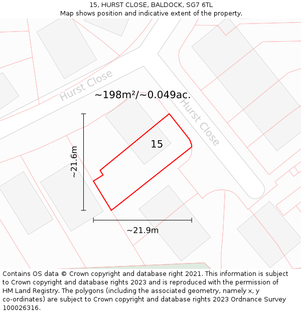 15, HURST CLOSE, BALDOCK, SG7 6TL: Plot and title map