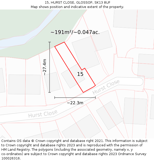 15, HURST CLOSE, GLOSSOP, SK13 8UF: Plot and title map