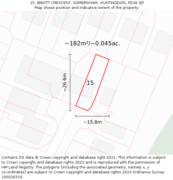 15, IBBOTT CRESCENT, SOMERSHAM, HUNTINGDON, PE28 3JP: Plot and title map