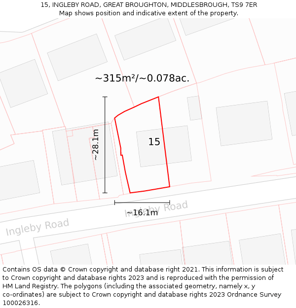 15, INGLEBY ROAD, GREAT BROUGHTON, MIDDLESBROUGH, TS9 7ER: Plot and title map