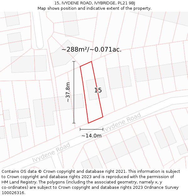 15, IVYDENE ROAD, IVYBRIDGE, PL21 9BJ: Plot and title map