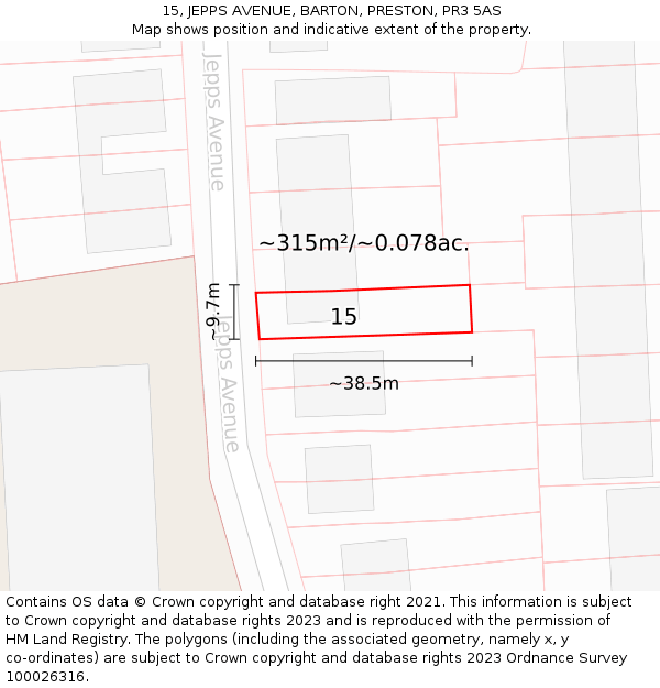 15, JEPPS AVENUE, BARTON, PRESTON, PR3 5AS: Plot and title map