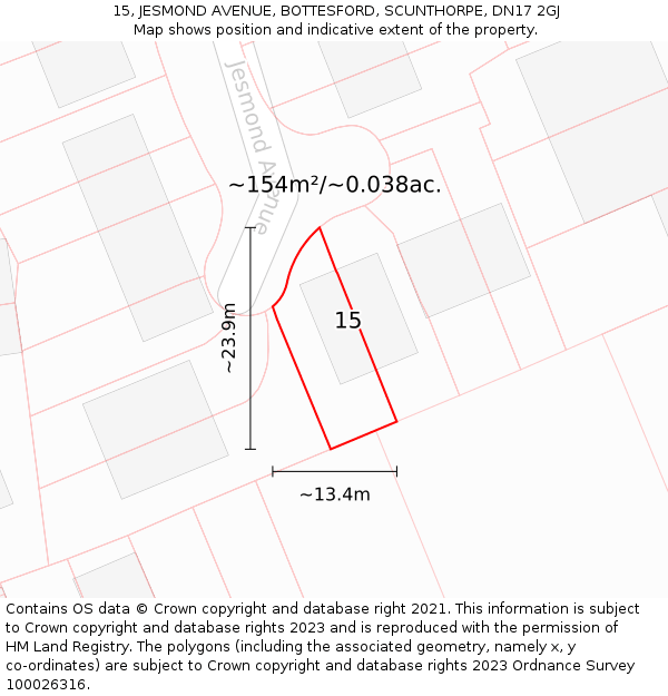 15, JESMOND AVENUE, BOTTESFORD, SCUNTHORPE, DN17 2GJ: Plot and title map