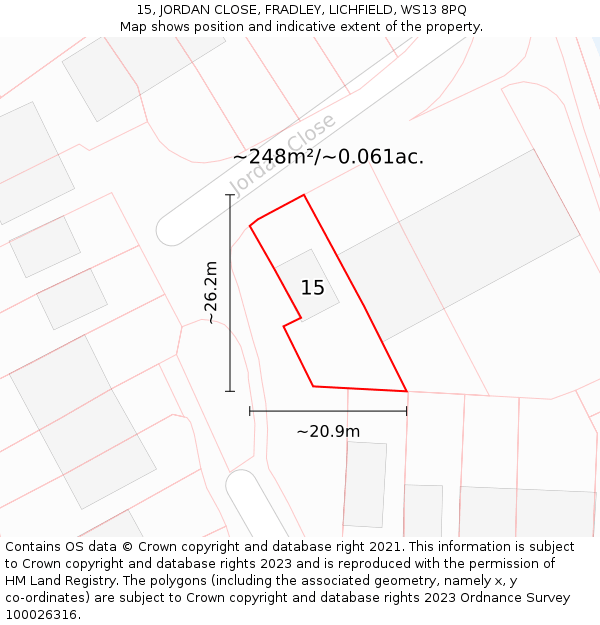 15, JORDAN CLOSE, FRADLEY, LICHFIELD, WS13 8PQ: Plot and title map