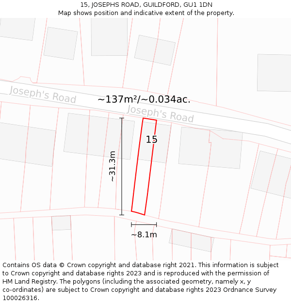 15, JOSEPHS ROAD, GUILDFORD, GU1 1DN: Plot and title map