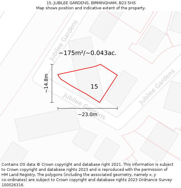 15, JUBILEE GARDENS, BIRMINGHAM, B23 5HS: Plot and title map