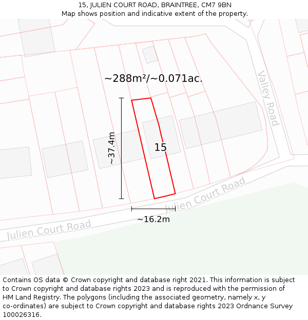 15, JULIEN COURT ROAD, BRAINTREE, CM7 9BN: Plot and title map