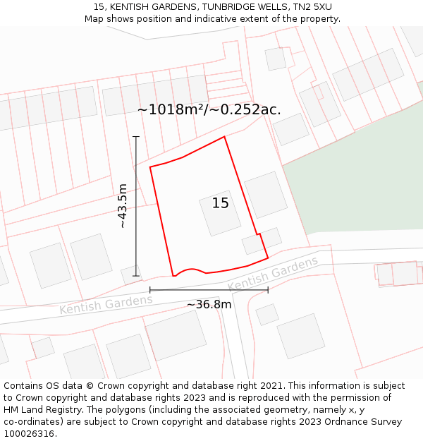 15, KENTISH GARDENS, TUNBRIDGE WELLS, TN2 5XU: Plot and title map