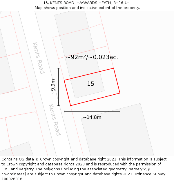 15, KENTS ROAD, HAYWARDS HEATH, RH16 4HL: Plot and title map