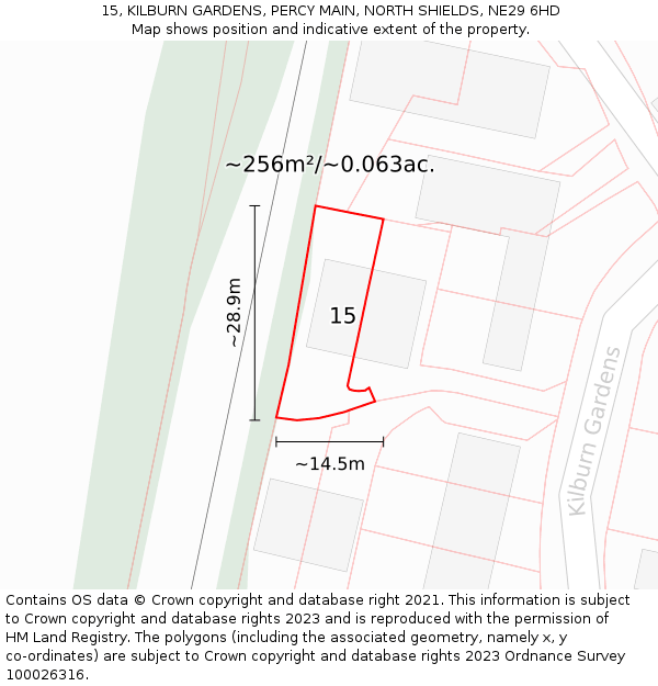 15, KILBURN GARDENS, PERCY MAIN, NORTH SHIELDS, NE29 6HD: Plot and title map