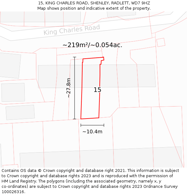 15, KING CHARLES ROAD, SHENLEY, RADLETT, WD7 9HZ: Plot and title map