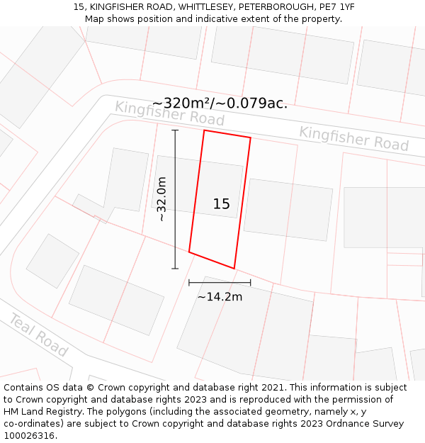 15, KINGFISHER ROAD, WHITTLESEY, PETERBOROUGH, PE7 1YF: Plot and title map