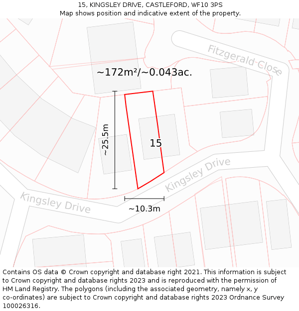 15, KINGSLEY DRIVE, CASTLEFORD, WF10 3PS: Plot and title map