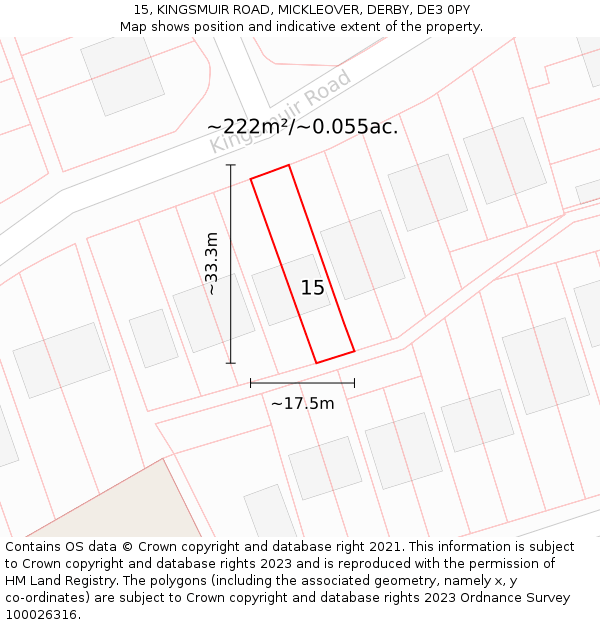 15, KINGSMUIR ROAD, MICKLEOVER, DERBY, DE3 0PY: Plot and title map