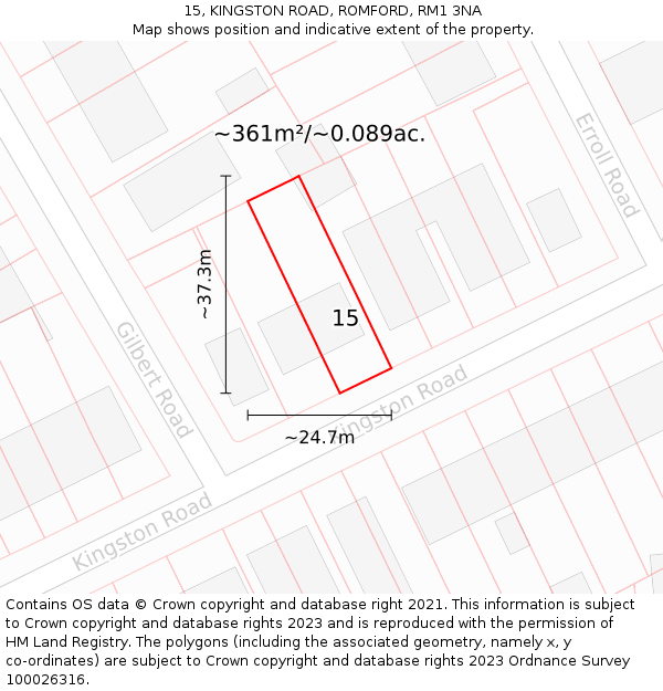 15, KINGSTON ROAD, ROMFORD, RM1 3NA: Plot and title map