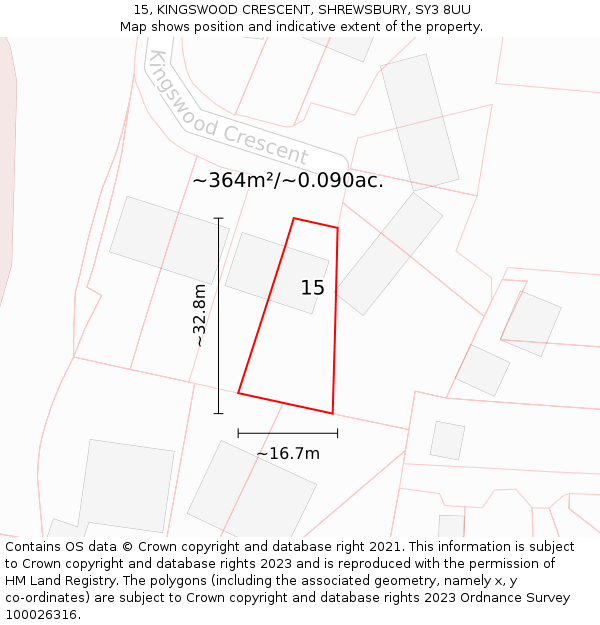 15, KINGSWOOD CRESCENT, SHREWSBURY, SY3 8UU: Plot and title map