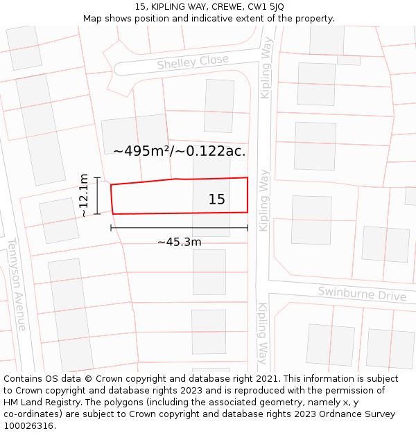 15, KIPLING WAY, CREWE, CW1 5JQ: Plot and title map