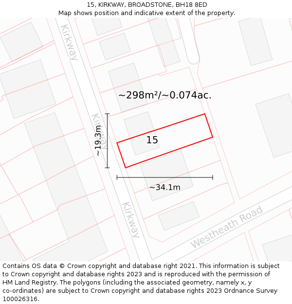 15, KIRKWAY, BROADSTONE, BH18 8ED: Plot and title map