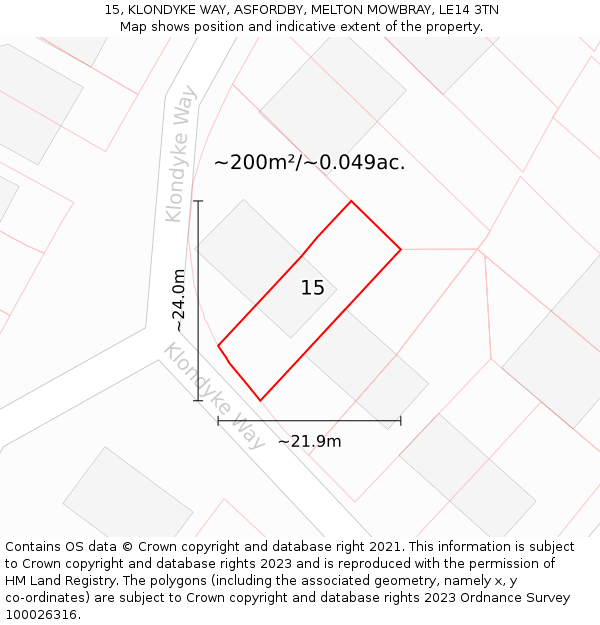 15, KLONDYKE WAY, ASFORDBY, MELTON MOWBRAY, LE14 3TN: Plot and title map