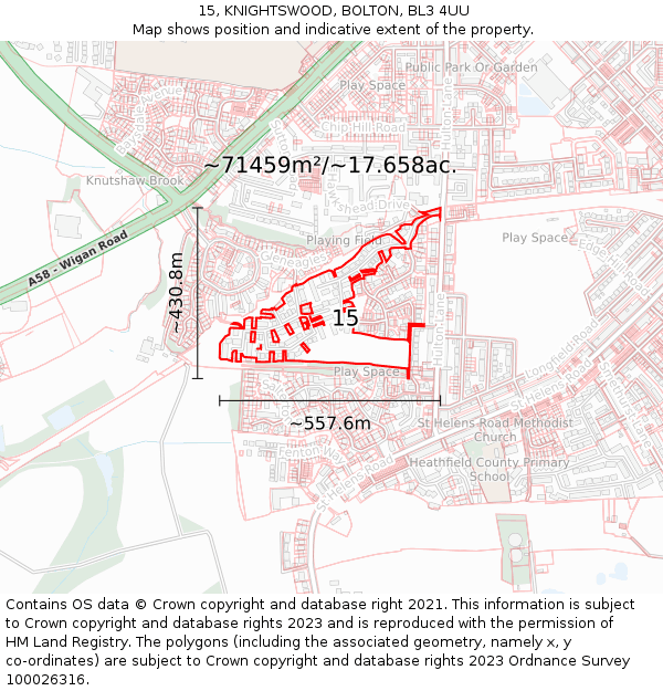 15, KNIGHTSWOOD, BOLTON, BL3 4UU: Plot and title map