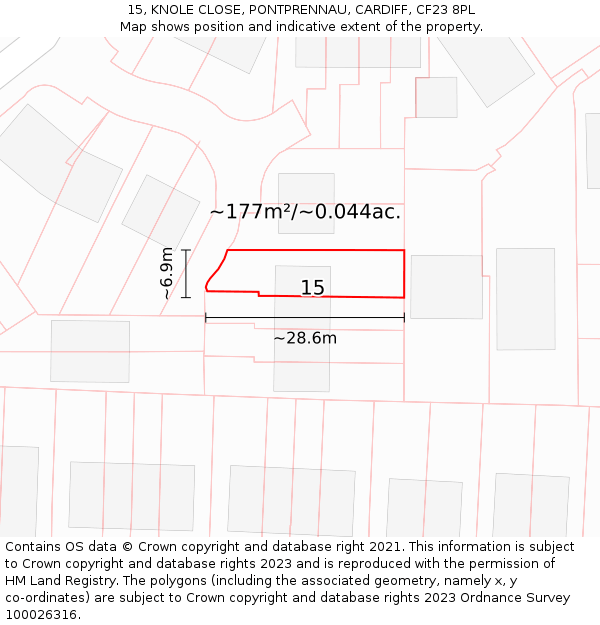 15, KNOLE CLOSE, PONTPRENNAU, CARDIFF, CF23 8PL: Plot and title map