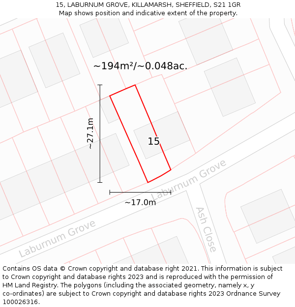 15, LABURNUM GROVE, KILLAMARSH, SHEFFIELD, S21 1GR: Plot and title map